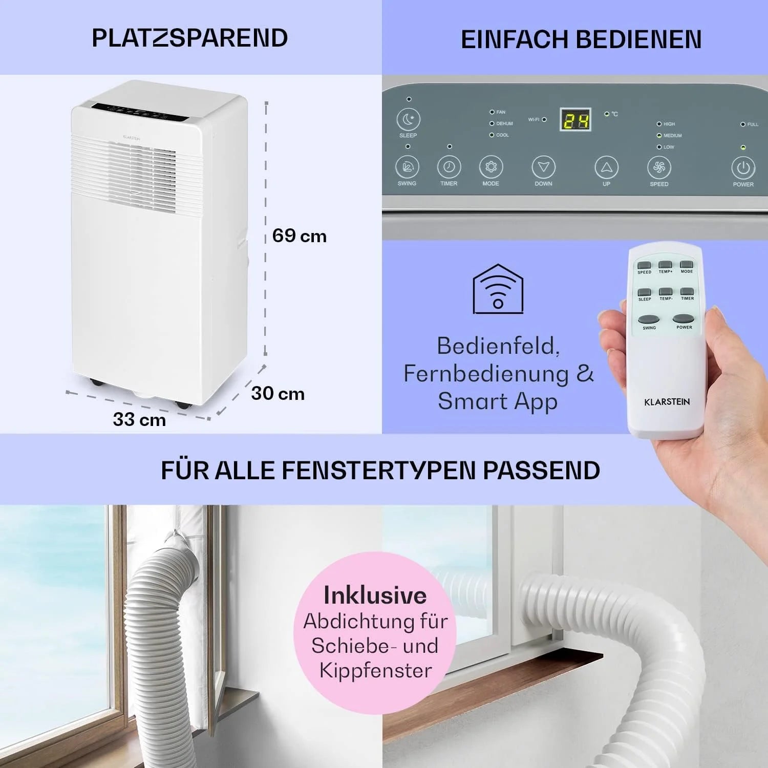 Klarstein Mobile Klimaanlage mit Abluftschlauch, 3-in-1 Klimagerät mit Ventilator, Luftentfeuchter & Nachtmodus, Kleine & Portable Klimaanlage für Wohnung & Büro, 12000 BTU Niedrig Verbrauch