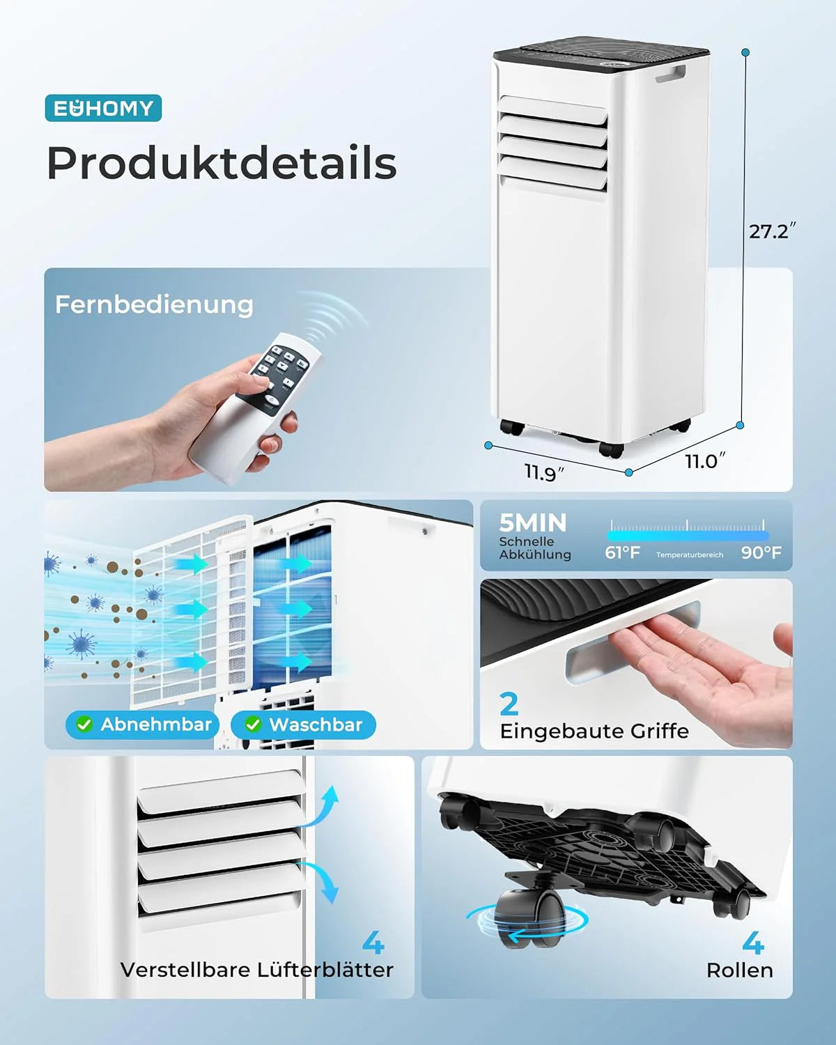 Mobile Klimaanlage 9000 BTU mit Abluftschlauch | 4-in-1 Mobiles Klimagerät | Leiser Betrieb