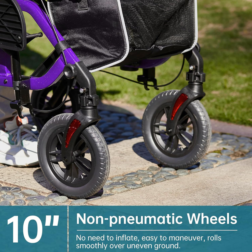 Geländegängiger 2-in-1-Rollator und Transportstuhl, zusammenklappbarer Rollstuhl mit luftlosen 10-Zoll-Rädern für Senioren, umkehrbare Rückenlehne und abnehmbare Fußstützen, blau
