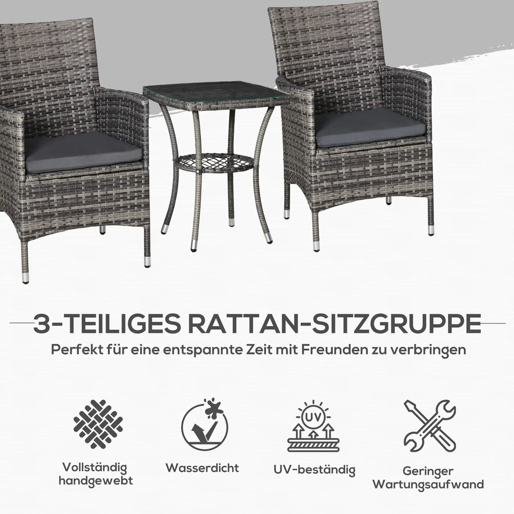 Outsunny Balkonmöbel Set 3-teilig mit Sitzkissen & Glasplatte
