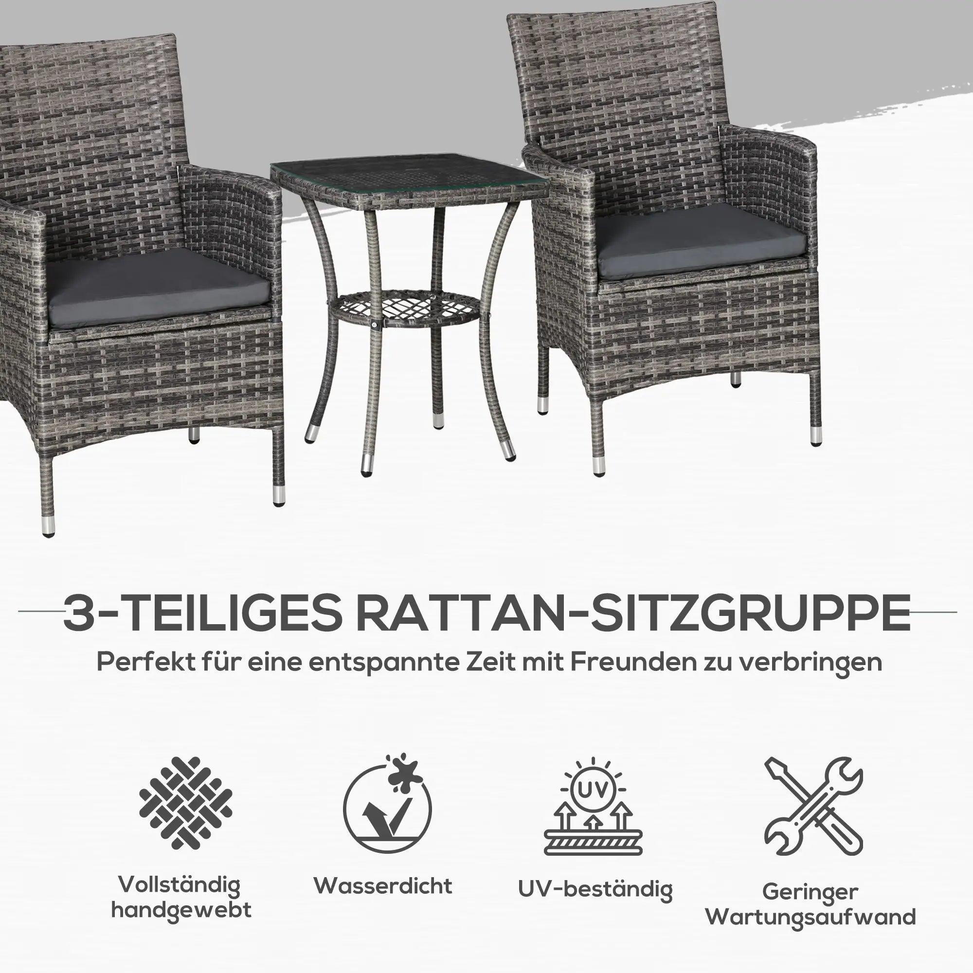 Outsunny Balkonmöbel Set 3-teilig mit Sitzkissen & Glasplatte
