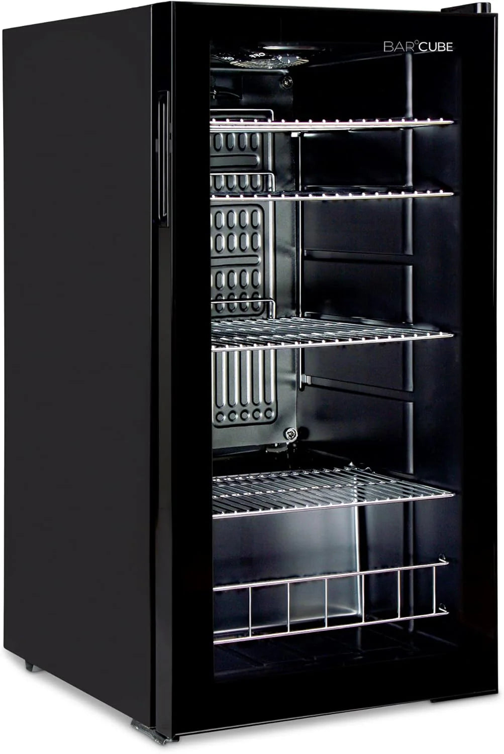 °CUBES Getränkekühlschrank 90L mit Glastür & 4 variablen Ablagen | Kompakter Flaschenkühlschrank, perfekt für zu Hause, Büro, Partys & Gastro | Stilvoller Kühlschrank mit Glastür, schwarz
