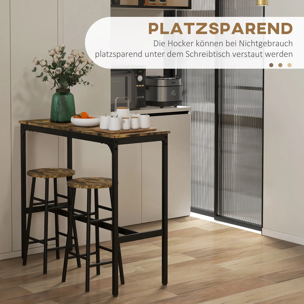 HOMCOM Bartisch-Set 3-tlg. platzsparend mit Fußstütze Industriedesign
