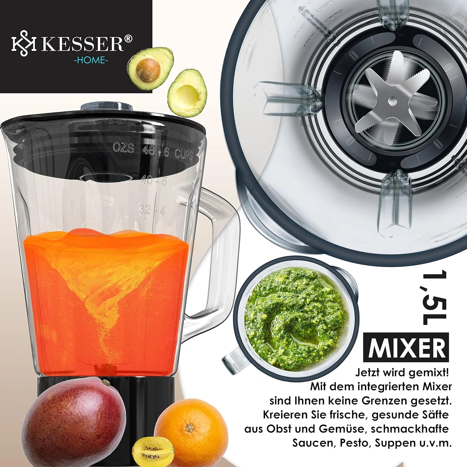 KESSER® 3 in 1 Universal Küchenmaschine K-KM 3000 mit Fleischwolf Knetmaschine Multifunktionale Rührmaschine 5,5L Schüssel mit 3 Rührwerkzeuge, 1,5L Entsafter, Zubehör-Set, Pasta & Gebäckformen