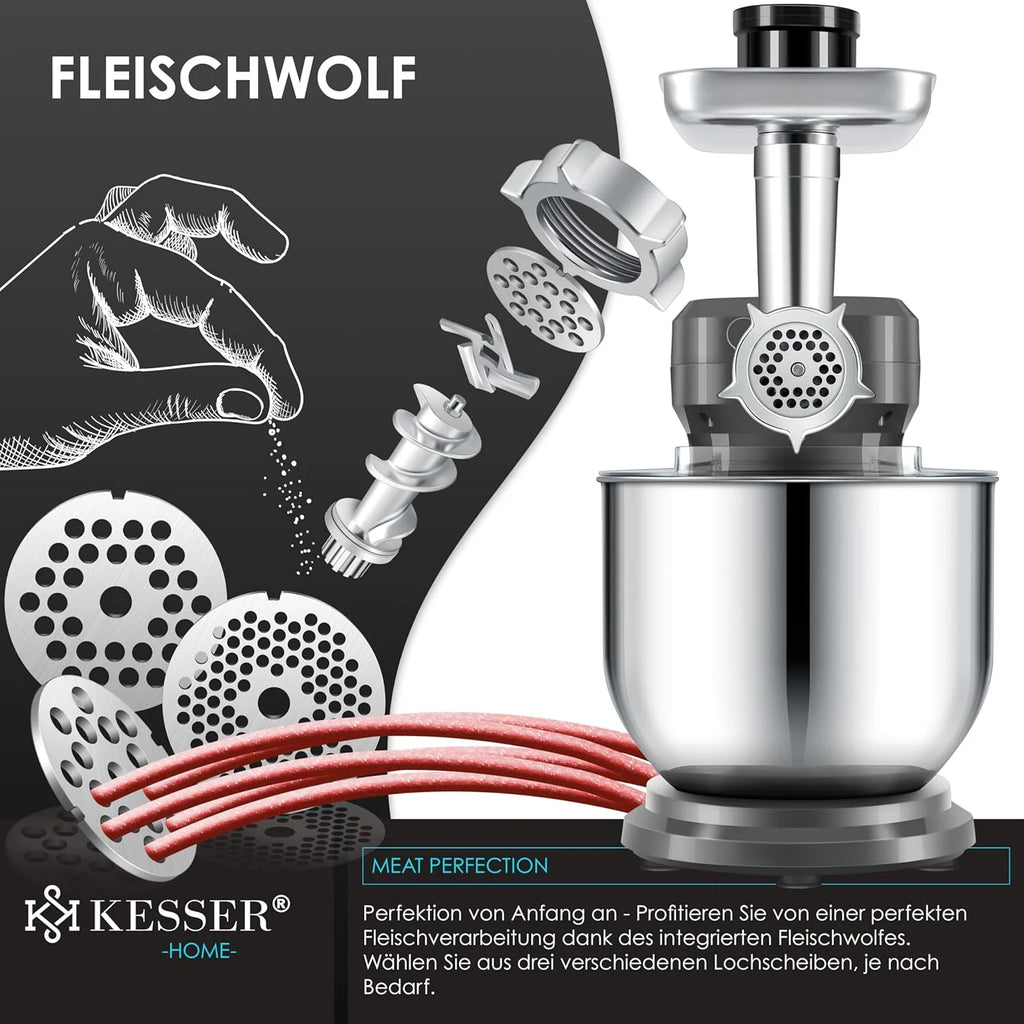 KESSER® 3 in 1 Universal Küchenmaschine K-KM 3000 mit Fleischwolf Knetmaschine Multifunktionale Rührmaschine 5,5L Schüssel mit 3 Rührwerkzeuge, 1,5L Entsafter, Zubehör-Set, Pasta & Gebäckformen