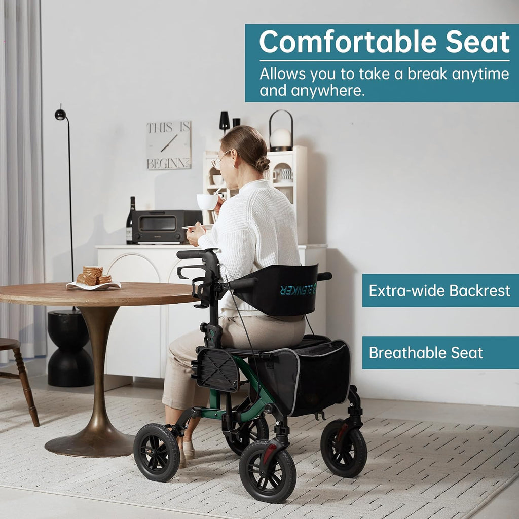 Geländegängiger 2-in-1-Rollator und Transportstuhl, zusammenklappbarer Rollstuhl mit luftlosen 10-Zoll-Rädern für Senioren, umkehrbare Rückenlehne und abnehmbare Fußstützen, blau