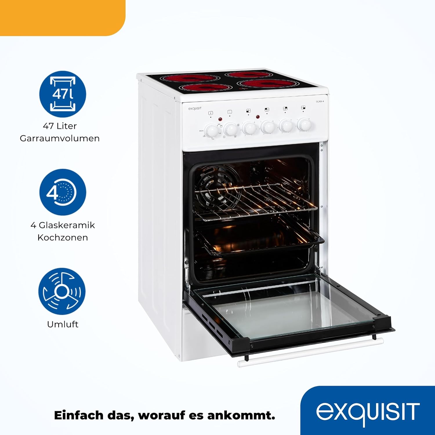 Exquisit Standherd, Standherd 50 cm Breite, Massekochfeld, einfach zu bedienen, 48 l Garraum, Elektro-Standherd 50 cm, EH9-3-090 weiss