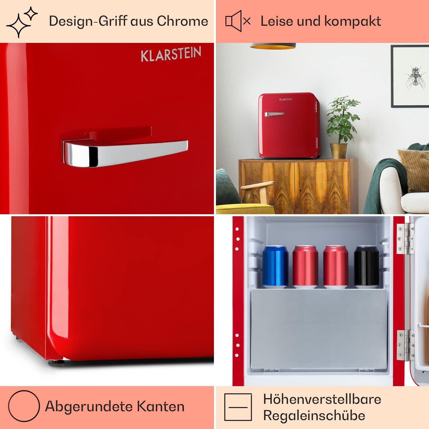Klarstein Audrey Mini - kleiner Kühlschrank, kompakte Mini-Bar, freistehend, Kompressionskühlung, Fassungsvermögen, Kühlung: 0-10 °C, Mini-Kühlschrank mit 70 Liter Fassungsvermögen, rot