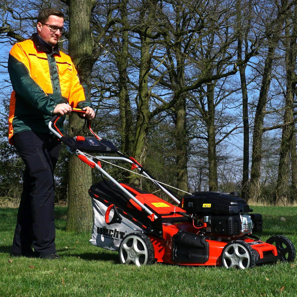 HECHT 5-IN-1 Benzin Rasenmäher – leistungsstarker 4 Takt Eco Motor 4,4 kW (6,0 PS) – Elektrostart – 53 cm Schnittbreite – 75 l Fangkorb – Radantrieb – patentierte Räder – Mulchmäher