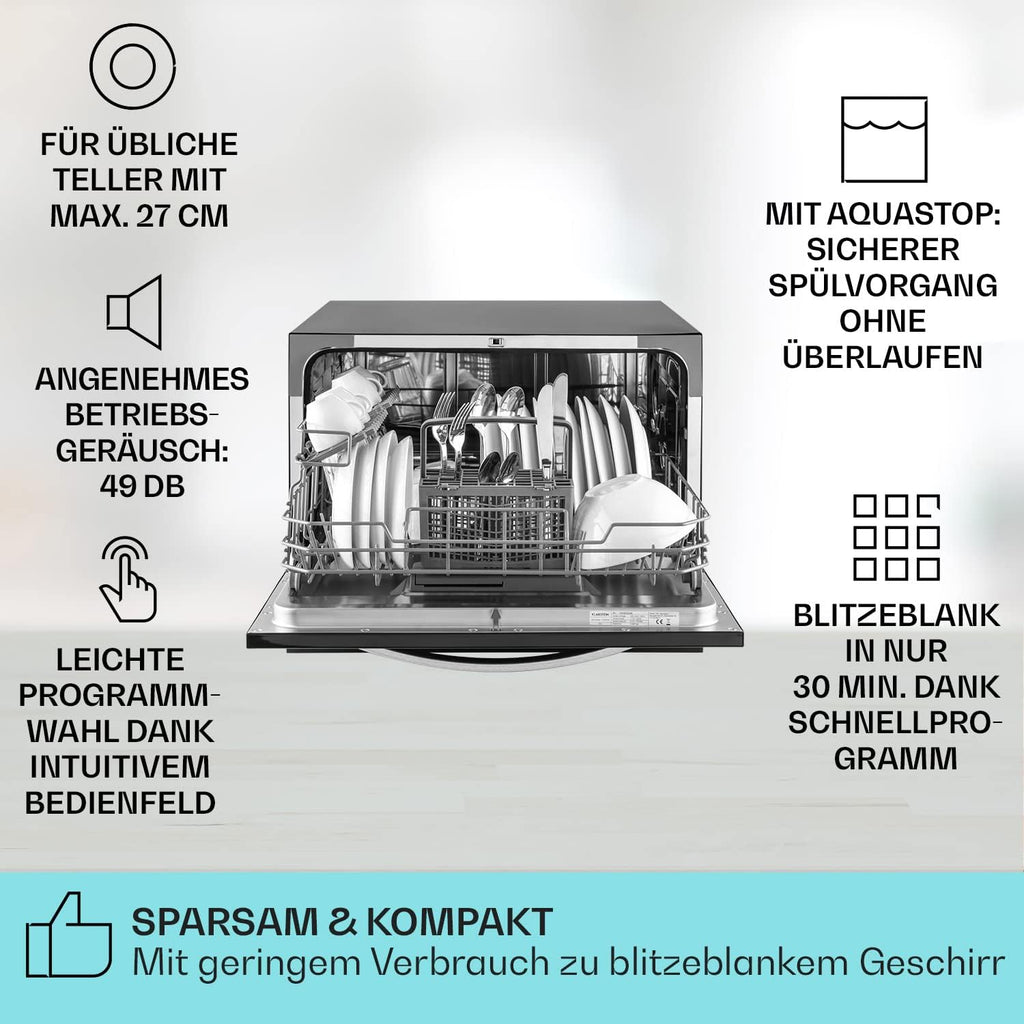 Klarstein ia 8 - Spülmaschine, Geschirrspüler, Freistehend, Teilintegriert, F, 55 cm breit, 8 Maßgedecke, 6 Programme, Aquastop, silber