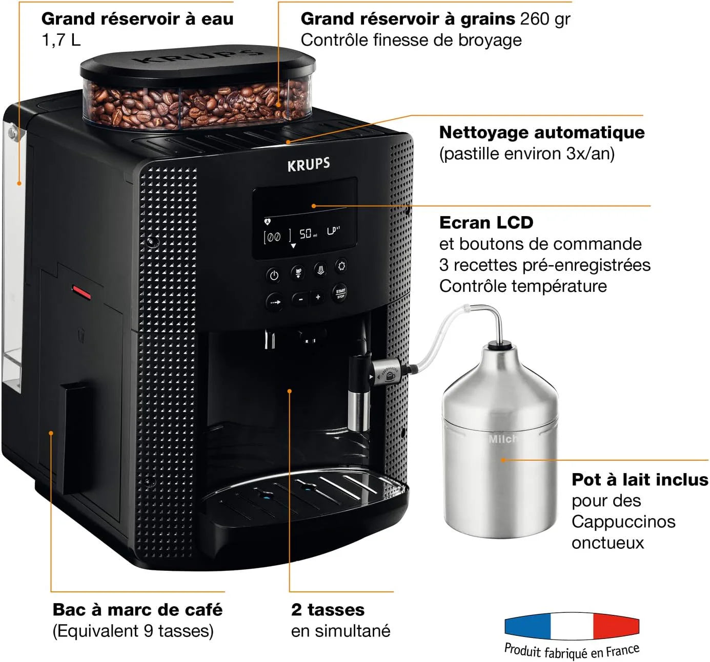 Krups Essential Kaffeevollautomat mit Milchschlauch, 2-Tassen-Funktion, LCD-Display, Einfache Reinigung, Kaffeemaschine, TÜV-Siegel, Schwarz, EA816031