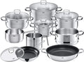 Silit Toskana Topfset induktionsgeeignet 10-teilig, Kochtopf Set mit Glasdeckel, Induktionskochtöpfe, Milchtopf, Dämpfer, Pfanne, Edelstahl teilmattiert, Induktions Töpfe Set unbeschichtet