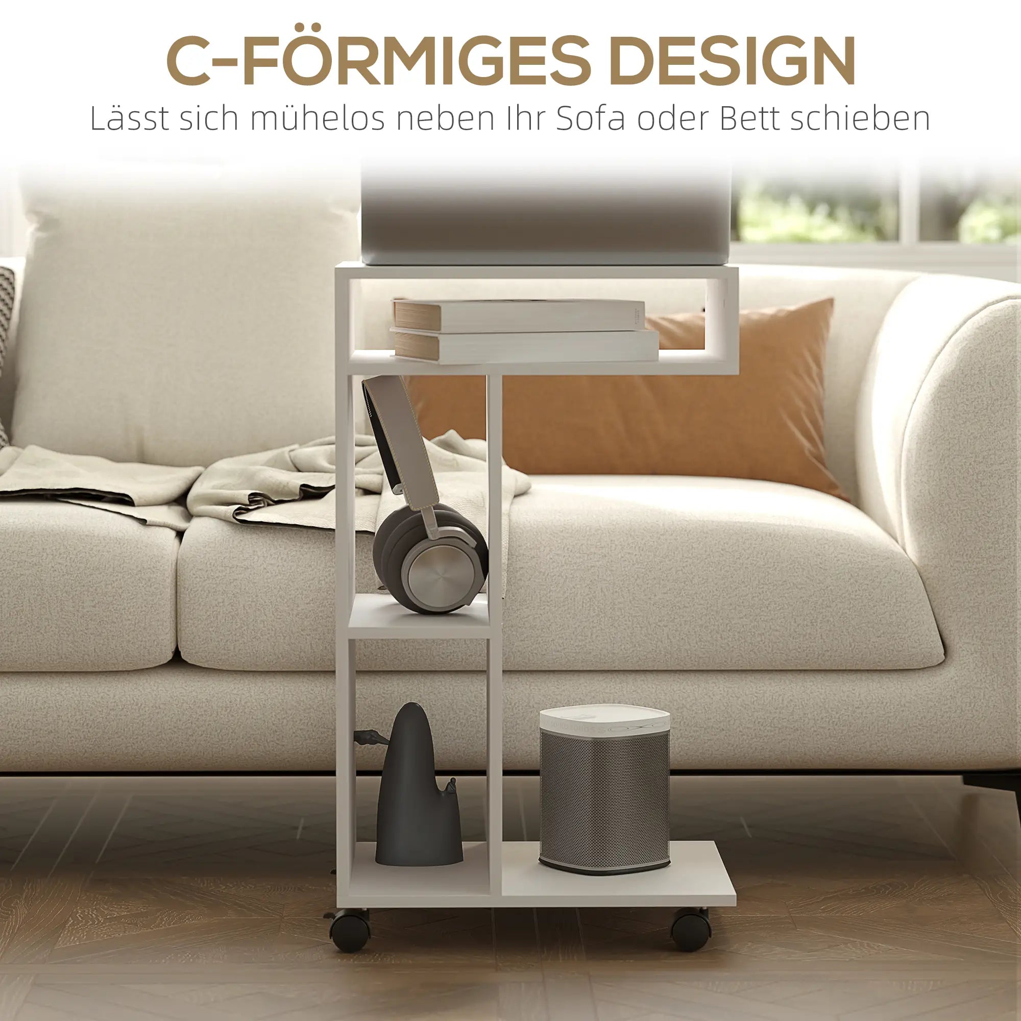 HOMCOM Beistelltisch C-Form mit Rollen und Regalen Weiß