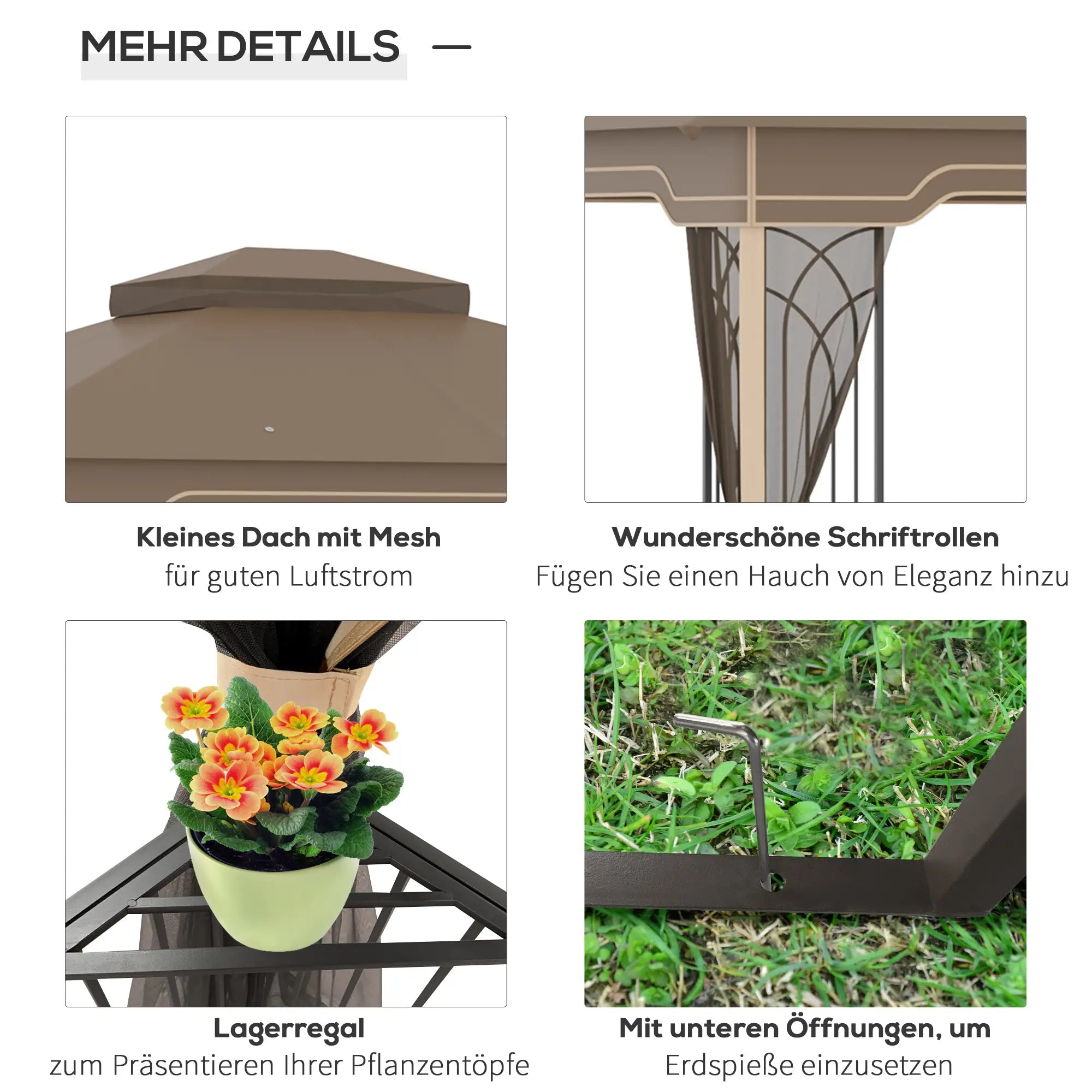 Outsunny Gartenpavillon 3,65 × 3 m mit Doppeldach & Moskitonetz – Braun/Beige