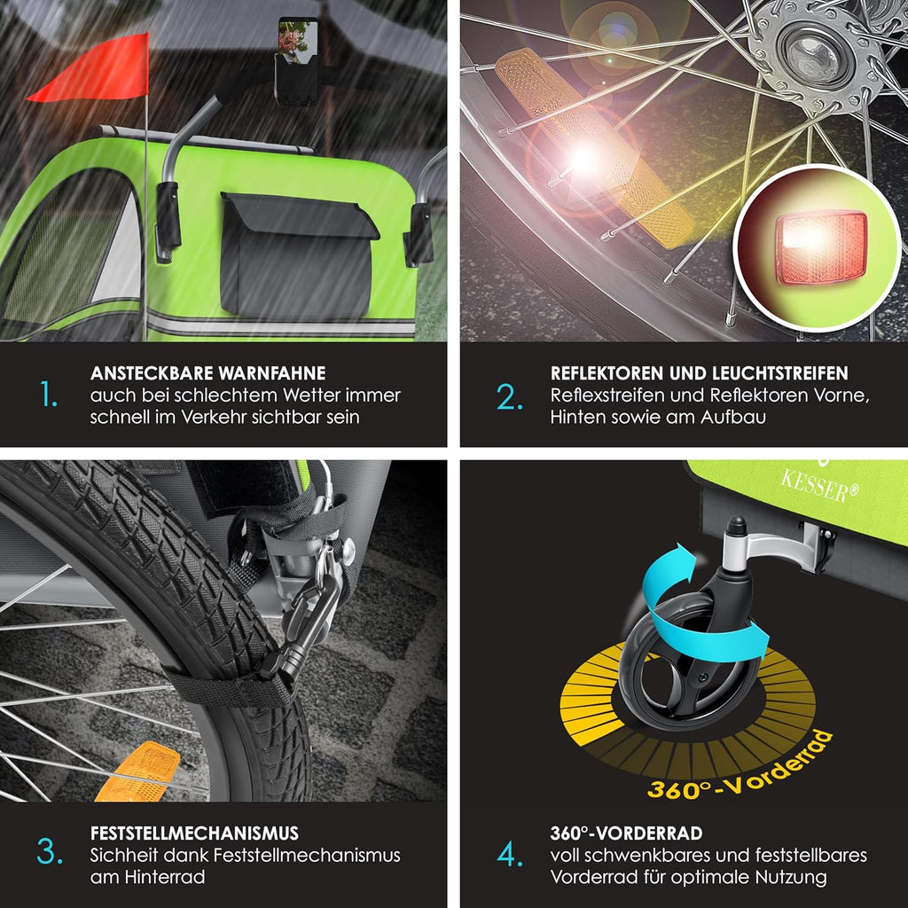KESSER Kinderfahrradanhänger Sport-RX 2in1 Jogger & Buggy 5-Punkt-Gurt Sicherheitsgurt 360° Vorderrad Kinderfahrradanhänger Reflektoren für 1-2 Kinder (max. 40 kg) Getränkehalter & Smartphonefach