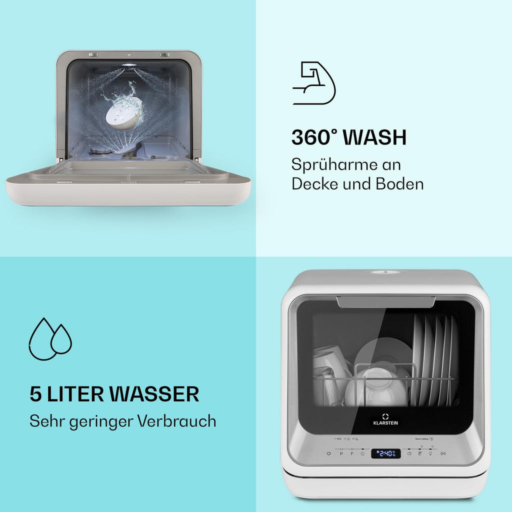 Klarstein  ia Mini Geschirrspüler, Spülmaschine mit Platz für 2 Maßgedecke, 6 Programme, 5 L Wasser benötigt, LED-Display, Touch, Tischgeschirrspüler inkl. Zubehör, schwarz