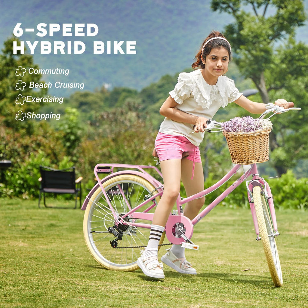 Glerc Missy 20 24 26 Zoll Mädchen City 6-Gang Hybrid Cruiser Fahrrad mit Weidenkorb für Jugend über 6-Jahre alt, mehrere Farben