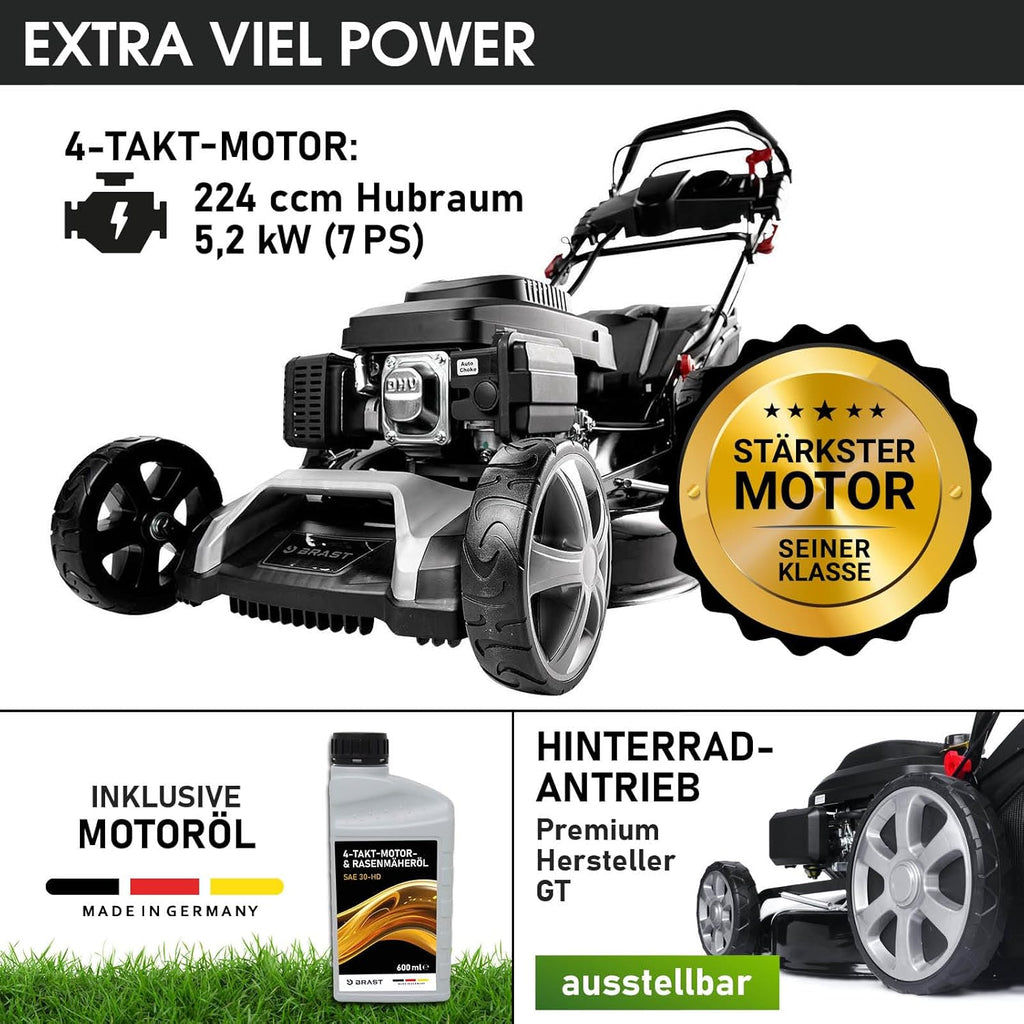 BRAST Benzin Rasenmäher mit Antrieb | 5,2kW (7PS) | 55cm Schnittbreite | viele Modelle | TÜV | 30-80mm Schnitthöhe | 60L Fangkorb | 4 Takt OHV Motor | Stahlgehäuse | Power