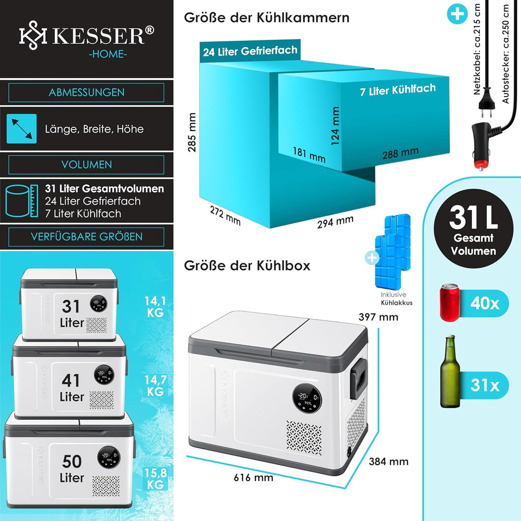 KESSER® Kompressor Kühlbox 2in1 Doppelzone Kühl & Gefrierfach elektrische Gefrierbox mit 2x Kühlakkus & LED-Touch-Bedienung | Kühlschrank Kühlung bis -20 °C für Camping, Auto, Lkw 12/24V 230V