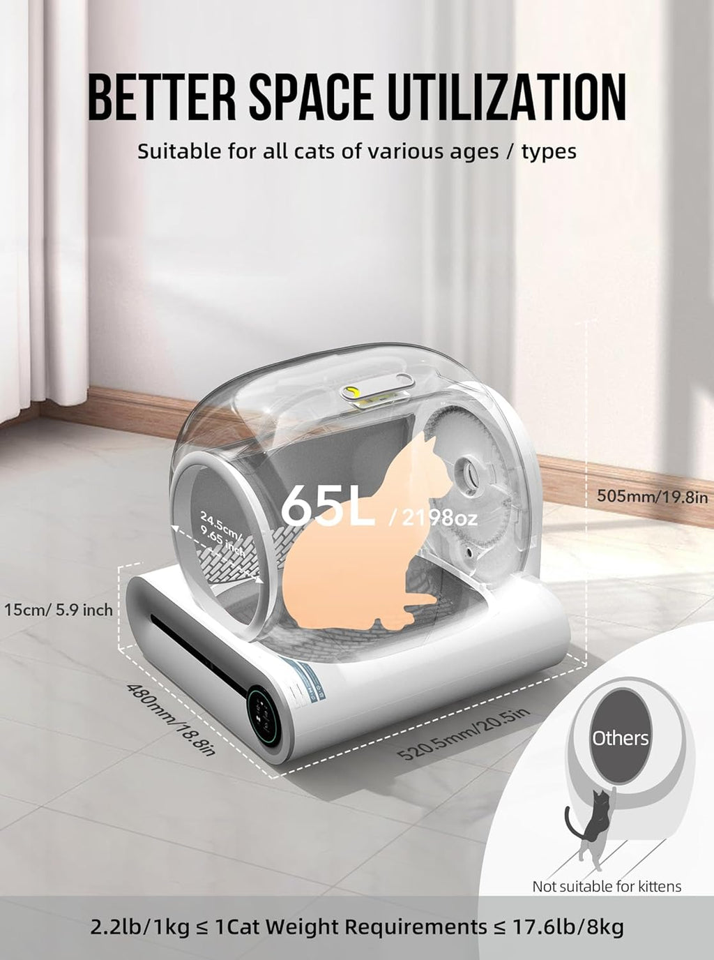 Selbstreinigende Katzentoilette, Automatische Katzentoilette mit Matte und Einlagen, 65 l + 9 l große Kapazität, Selbstreinigende Katzentoilette, App-Steuerung/Geeignet für mehrere Katzen – Grau