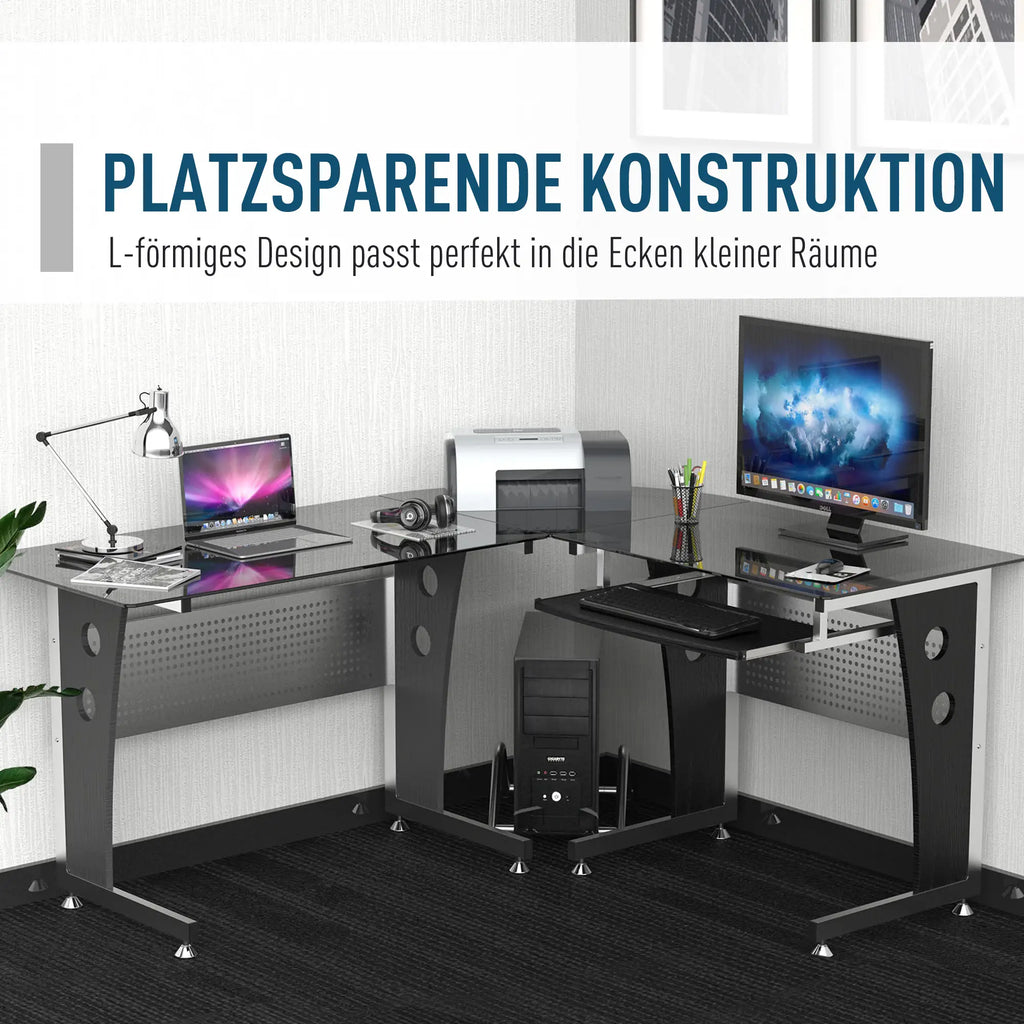 HOMCOM Eckschreibtisch L-Form mit Tastaturablage & PC-Tower-Halterung