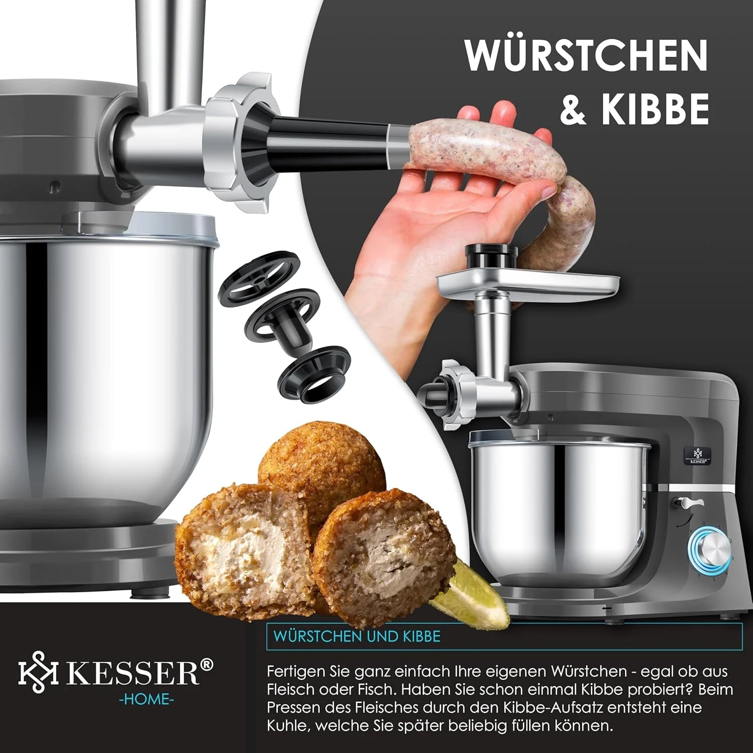 KESSER® 3 in 1 Universal Küchenmaschine K-KM 3000 mit Fleischwolf Knetmaschine Multifunktionale Rührmaschine 5,5L Schüssel mit 3 Rührwerkzeuge, 1,5L Entsafter, Zubehör-Set, Pasta & Gebäckformen