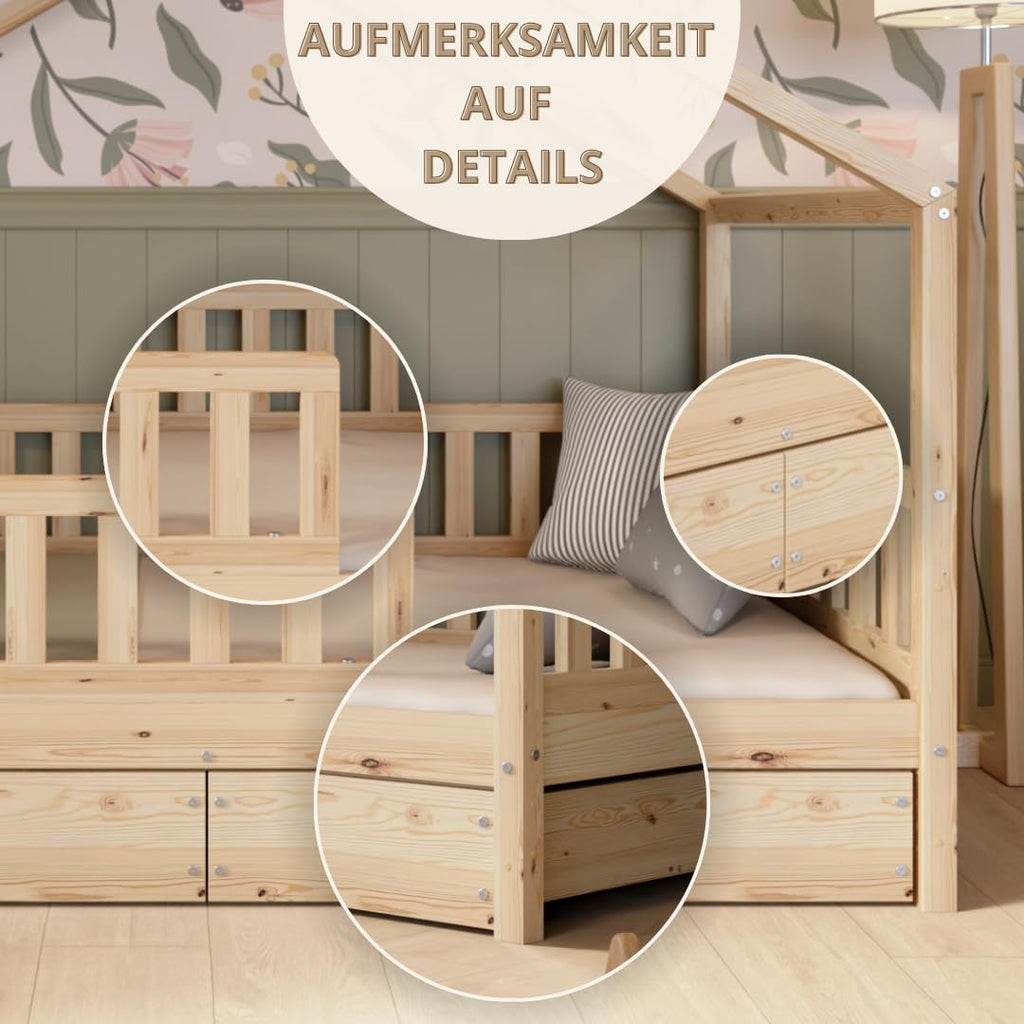 Crazy Pine Hausbett mit Schubladen 200x90 cm – Kinderbett aus Naturholz mit Rausfallschutz – Montessori Bodenbett mit zusätzlichen Stauraum und und Abnehmbarer Barriere - Crazy House