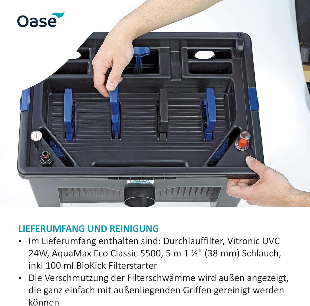OASE 56789 Durchlauffilter BioSmart Set 36000 geeignet für Teiche bis 36 m³, Filtersystem, Filterkomplettset inkl Filtermaterial, Teichpumpe und UVC Klärer