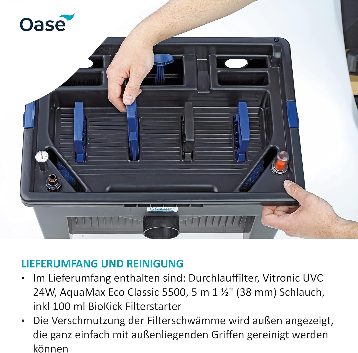 OASE 56789 Durchlauffilter BioSmart Set 36000 geeignet für Teiche bis 36 m³, Filtersystem, Filterkomplettset inkl Filtermaterial, Teichpumpe und UVC Klärer
