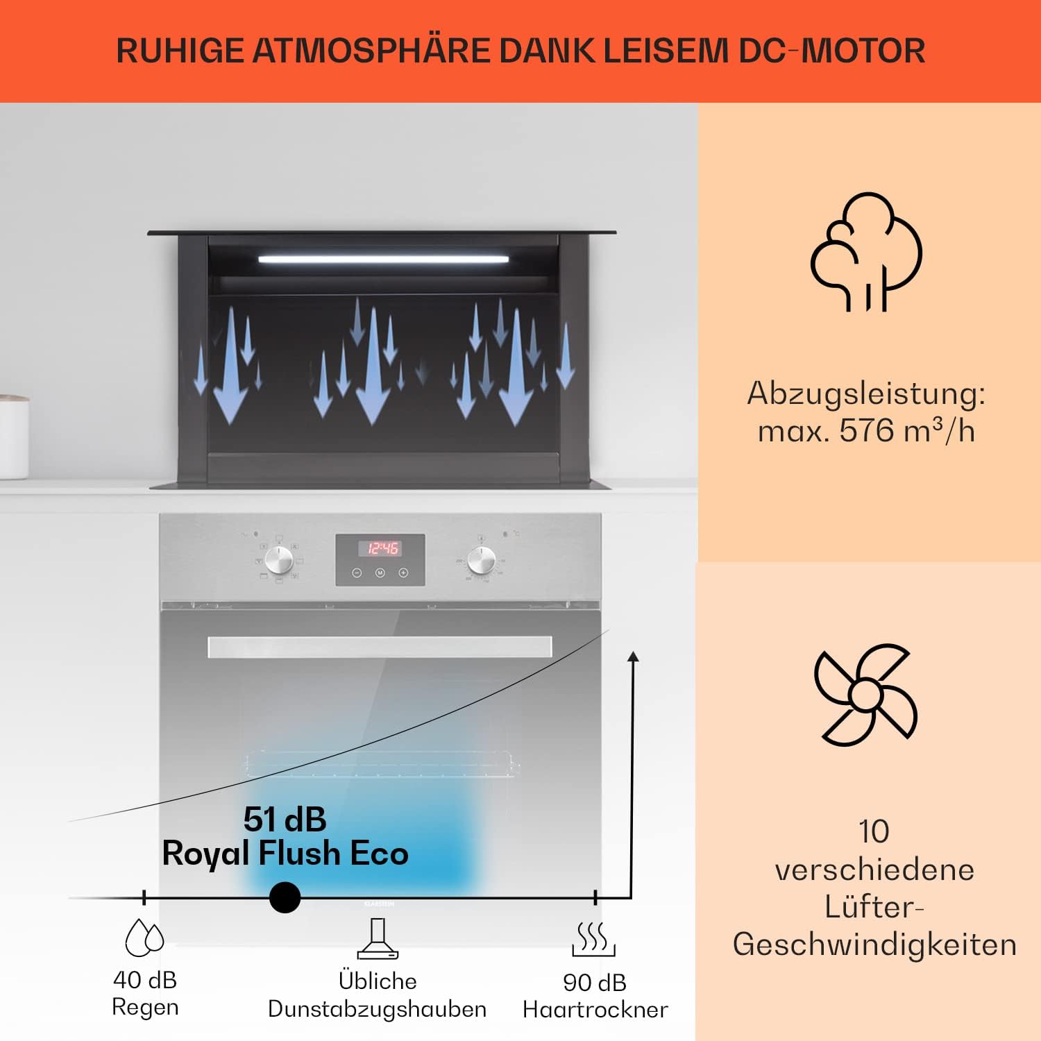 Klarstein Downdraft-Dunstabzugshaube, Versenkbare Abzugshaube, Leise Dunstabzugshauben mit Filter, Dunstabzugshaube 60cm, Umluft/Abluft Dunsthaube mit 10 Stufen, Dunstabzug 576 m³/h Luftstrom
