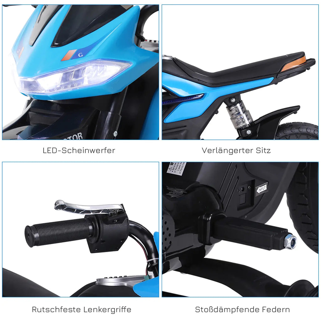 HOMCOM Kindermotorrad Elektrofahrzeug mit Licht Musik Stützrädern Blau