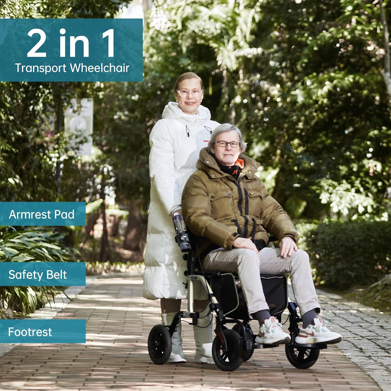Geländegängiger 2-in-1-Rollator und Transportstuhl, zusammenklappbarer Rollstuhl mit luftlosen 10-Zoll-Rädern für Senioren, umkehrbare Rückenlehne und abnehmbare Fußstützen, blau
