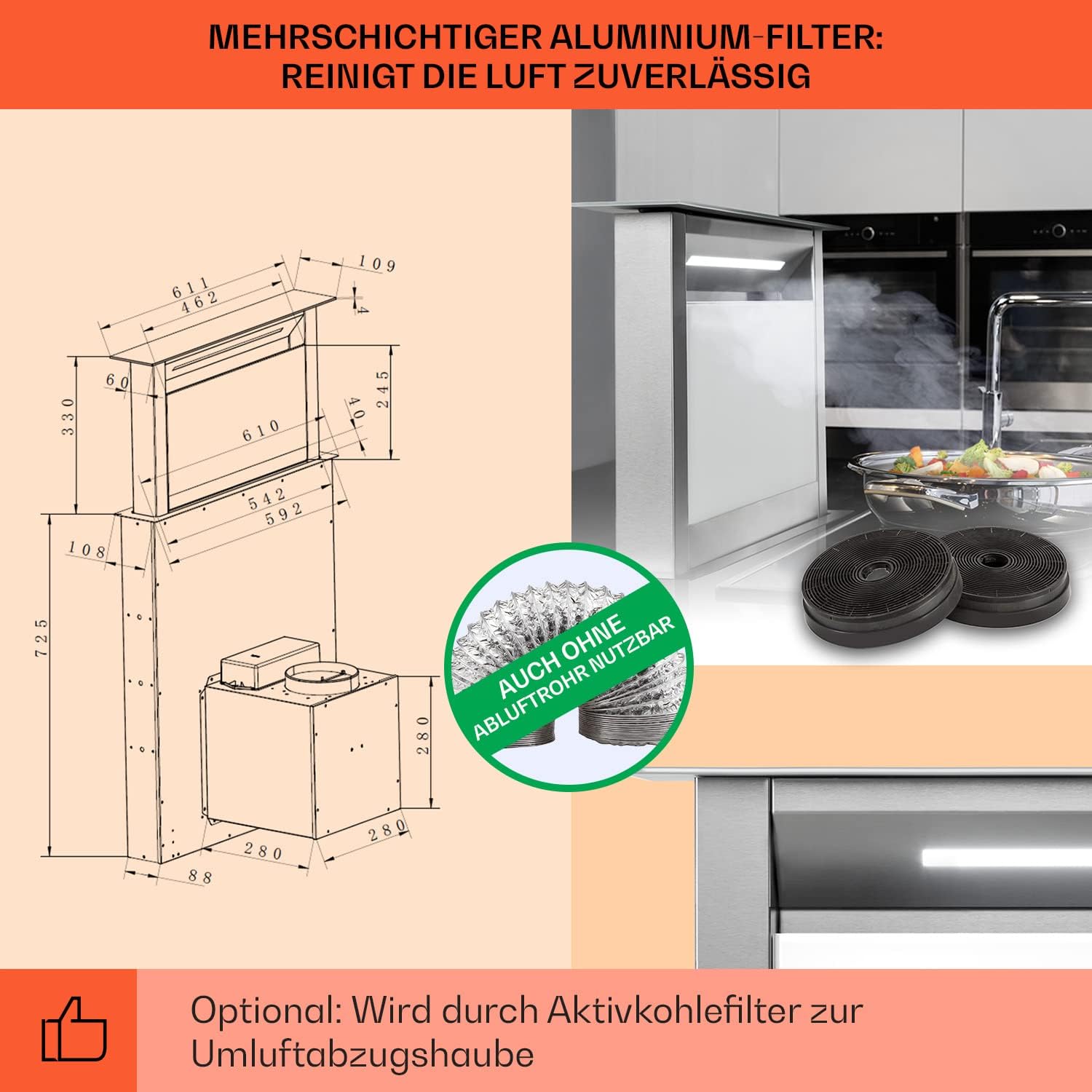 Klarstein Downdraft-Dunstabzugshaube, Versenkbare Abzugshaube, Leise Dunstabzugshauben mit Filter, Dunstabzugshaube 60cm, Umluft/Abluft Dunsthaube mit 10 Stufen, Dunstabzug 576 m³/h Luftstrom