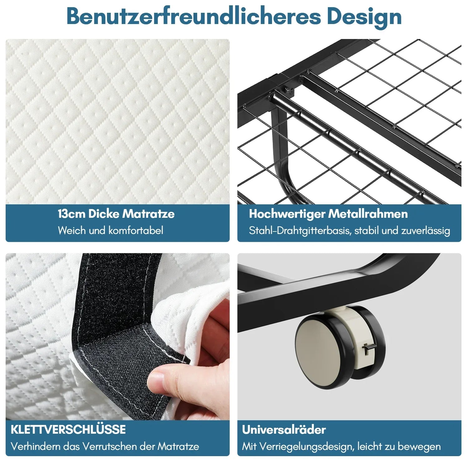 Sonnewelt Klappbett 90x200cm mit 13cm Dicke und Rollen