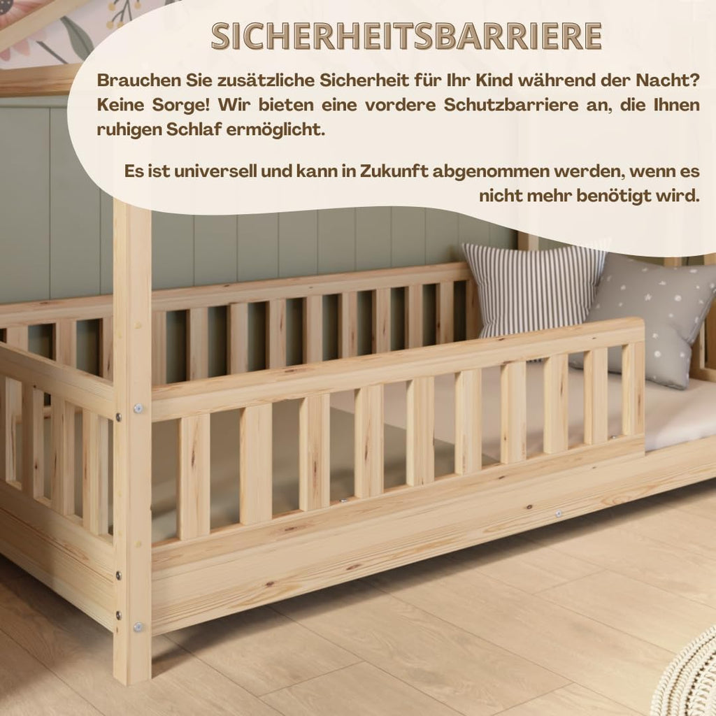 Crazy Pine Hausbett mit Schubladen 200x90 cm – Kinderbett aus Naturholz mit Rausfallschutz – Montessori Bodenbett mit zusätzlichen Stauraum und und Abnehmbarer Barriere - Crazy House