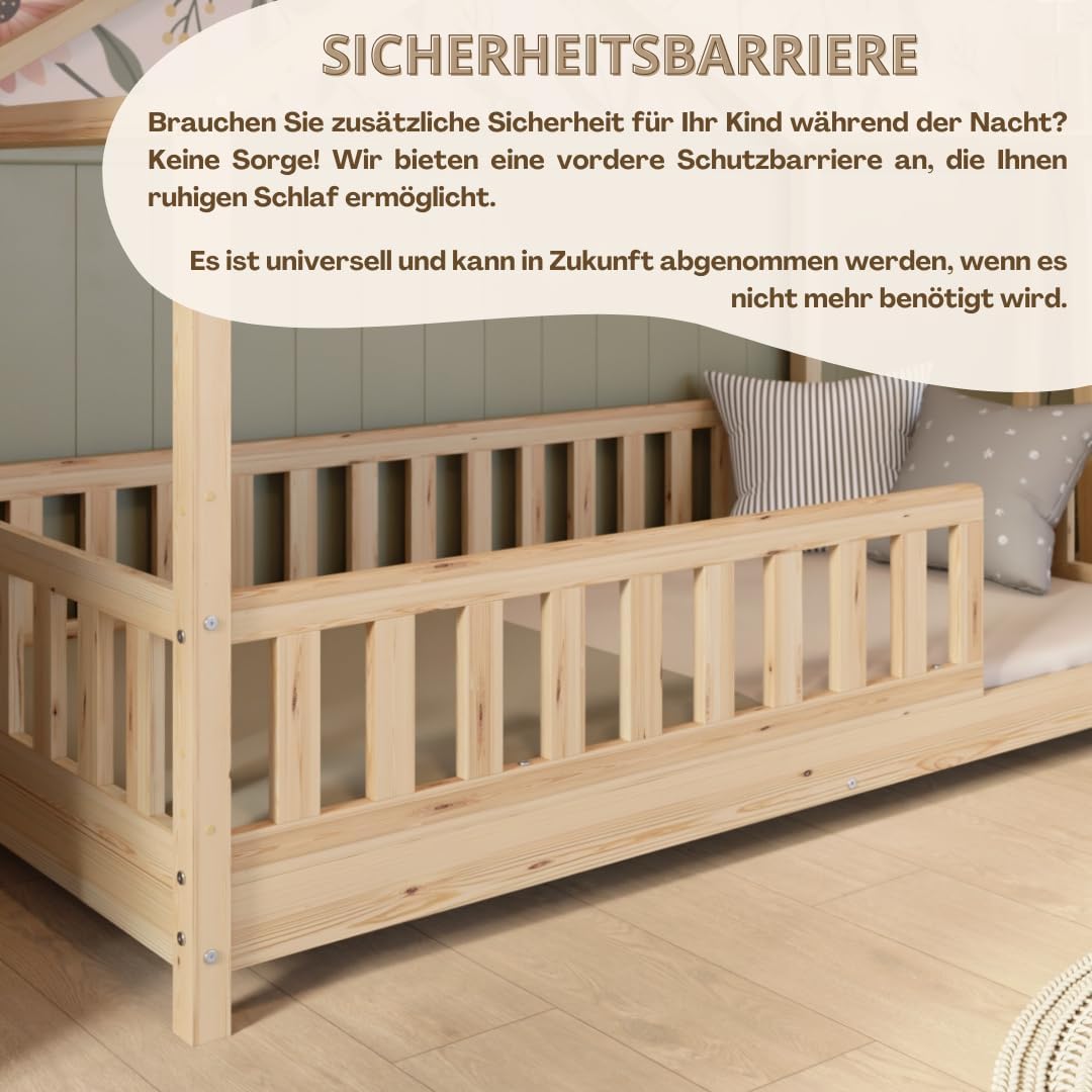 Crazy Pine Hausbett mit Schubladen 200x90 cm – Kinderbett aus Naturholz mit Rausfallschutz – Montessori Bodenbett mit zusätzlichen Stauraum und und Abnehmbarer Barriere - Crazy House