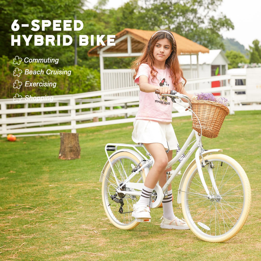 Glerc Missy 20 24 26 Zoll Mädchen City 6-Gang Hybrid Cruiser Fahrrad mit Weidenkorb für Jugend über 6-Jahre alt, mehrere Farben