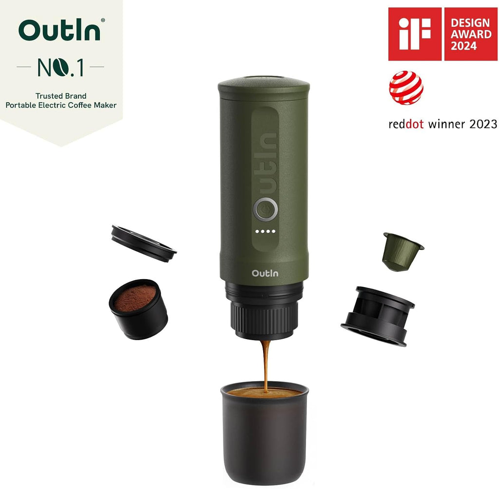 OutIn Nano Tragbare Espressomaschine mit Akku, für unterwegs oder Camping, Kaffeemaschine to go, mit elektrischer Selbsterhitzung über USB - C, 2 in 1 für gemahlenen kaffee und NS - kapseln