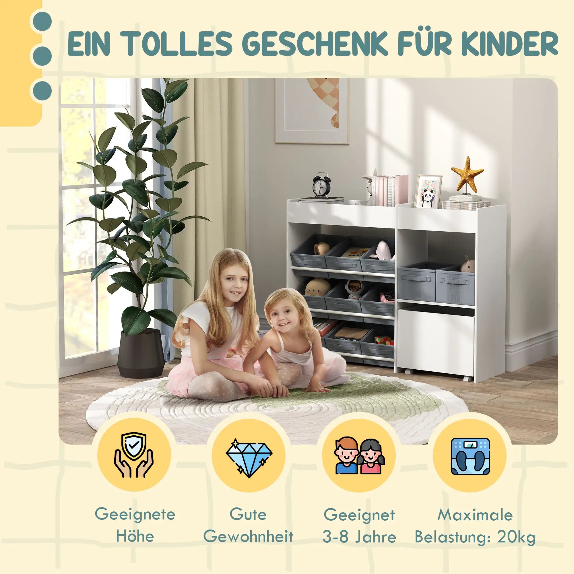 AIYAPLAY Kinderregal mit 11 Stoffboxen & Schrankfach, Weiß