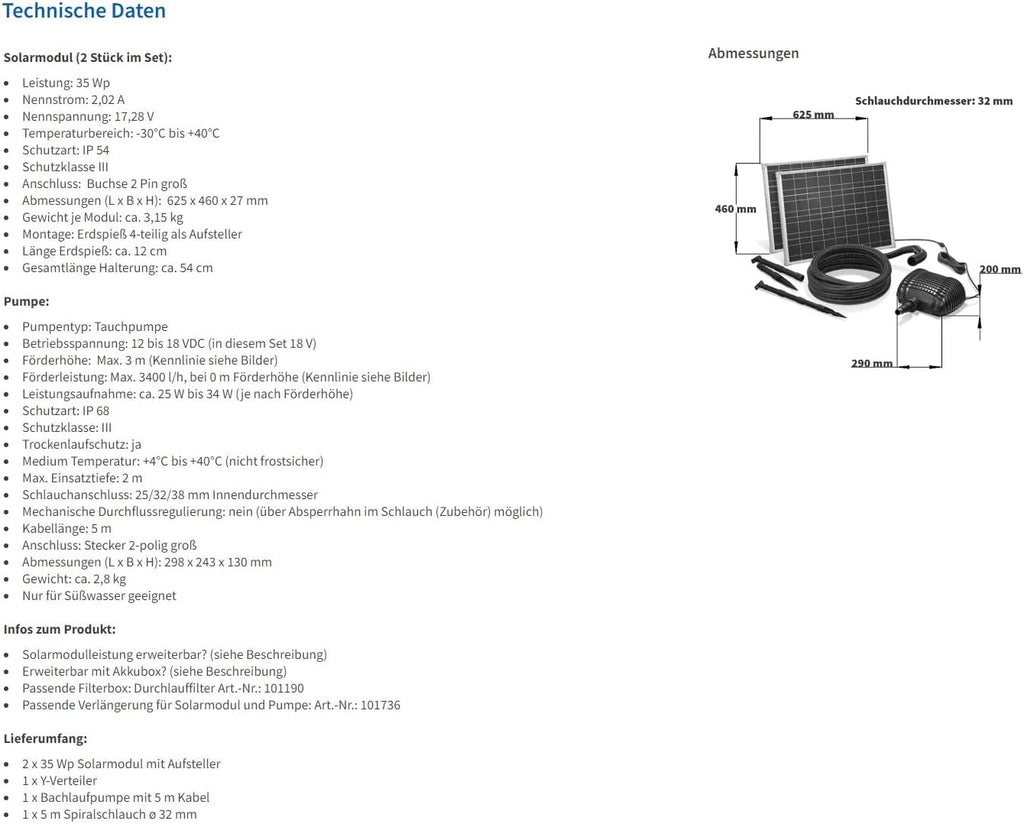 esotec Solar Bachlaufset 70 3400 PRO, Komplettset, Bachlaufpumpe 3400l/h, Solarmodul 70Wp, Erdspieß, Teichpumpe, DIY Solarbrunnen, Wasserspiel, Komplettset, 3m 101966