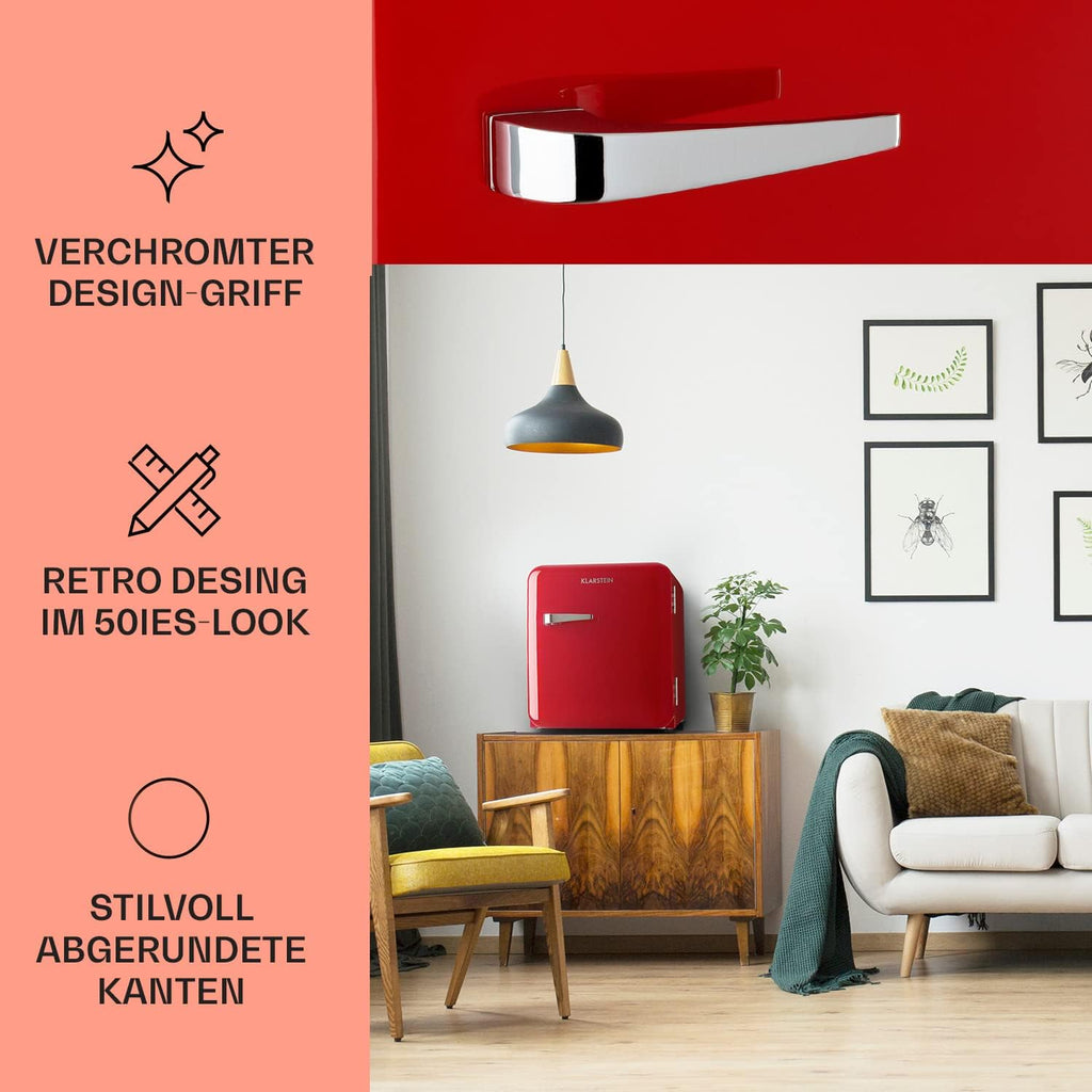 Klarstein Audrey Mini - kleiner Kühlschrank, kompakte Mini-Bar, freistehend, Kompressionskühlung, Fassungsvermögen, Kühlung: 0-10 °C, Mini-Kühlschrank mit 70 Liter Fassungsvermögen, rot