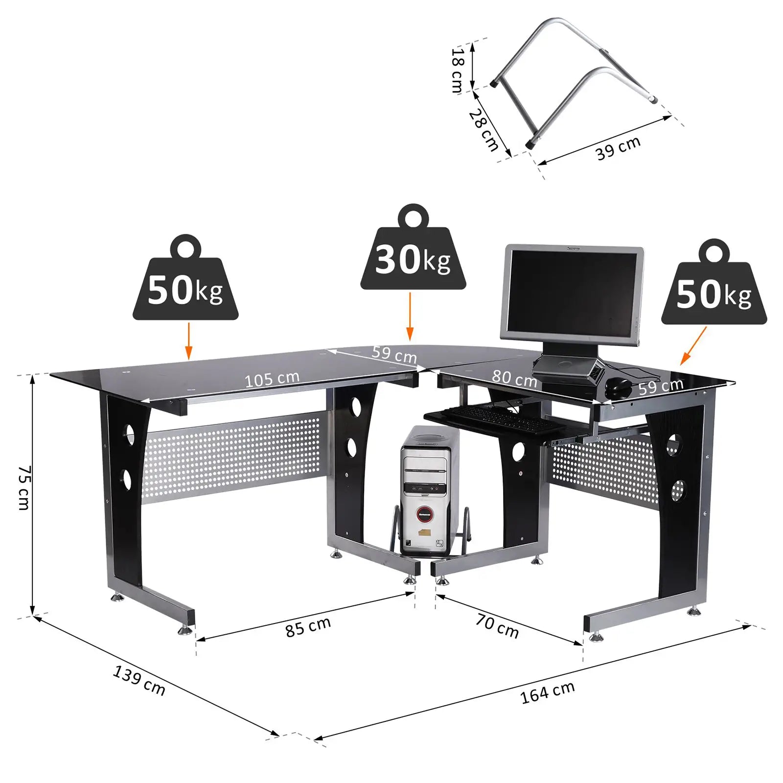 HOMCOM Eckschreibtisch L-Form mit Tastaturablage & PC-Tower-Halterung