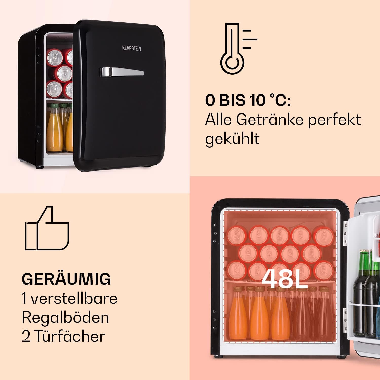 Klarstein Audrey Mini - kleiner Kühlschrank, kompakte Mini-Bar, freistehend, Kompressionskühlung, Fassungsvermögen, Kühlung: 0-10 °C, Mini-Kühlschrank mit 70 Liter Fassungsvermögen, rot