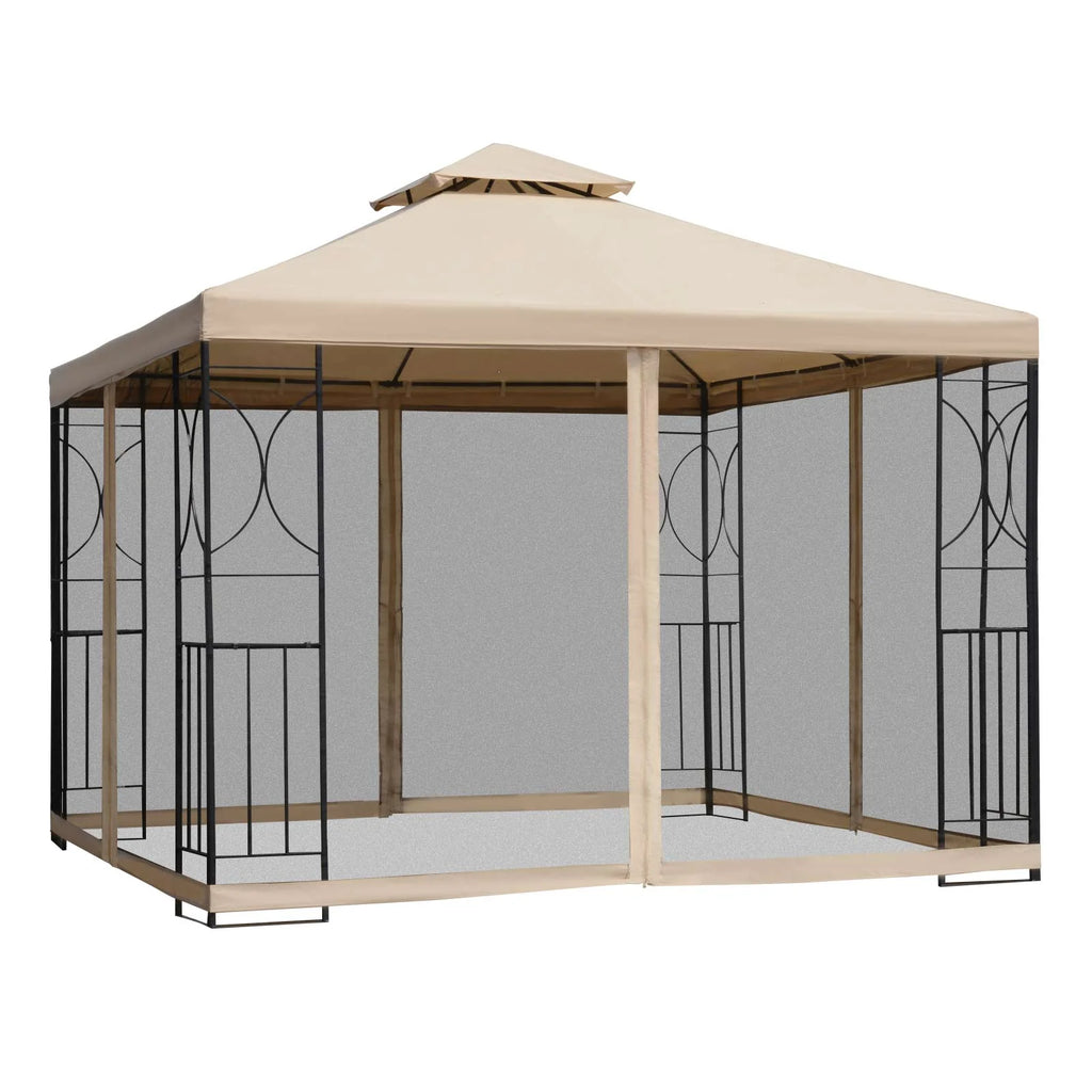 Outsunny Gartenpavillon Doppeldach mit Ablagen und Netz-Seitenwänden
