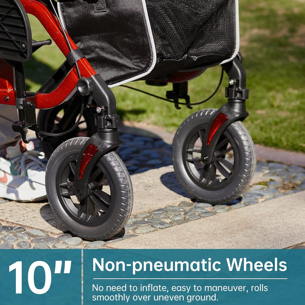 Geländegängiger 2-in-1-Rollator und Transportstuhl, zusammenklappbarer Rollstuhl mit luftlosen 10-Zoll-Rädern für Senioren, umkehrbare Rückenlehne und abnehmbare Fußstützen, blau