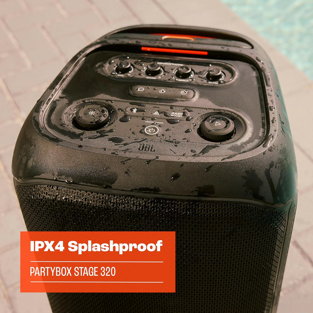 JBL Partybox Stage 120 in Schwarz – Tragbare Bluetooth-Lautsprecher-Box mit JBL Pro Sound, Lichtshow, KI-Sound-Boost und Teleskopgriff – 12 h Laufzeit