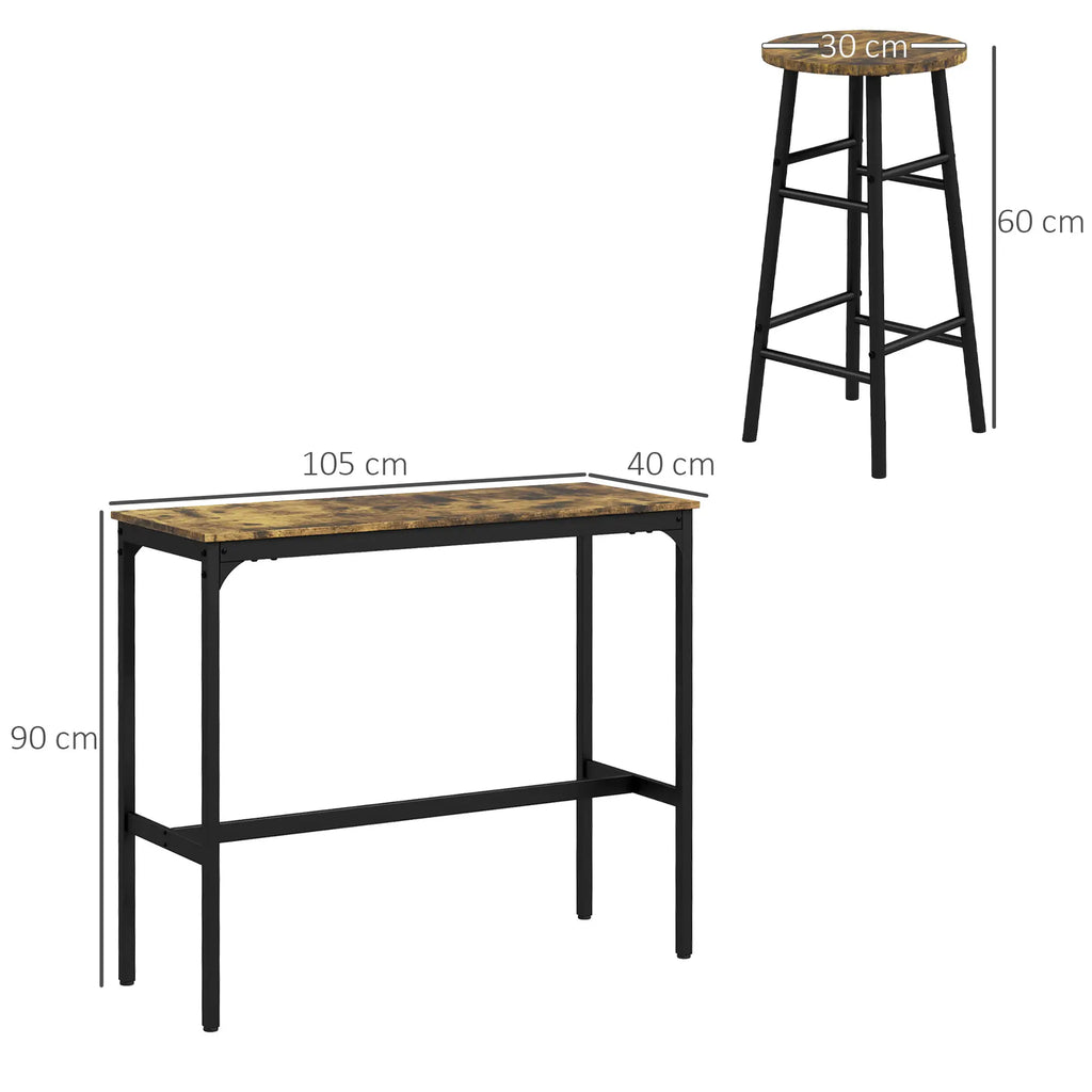 HOMCOM Bartisch-Set 3-tlg. platzsparend mit Fußstütze Industriedesign