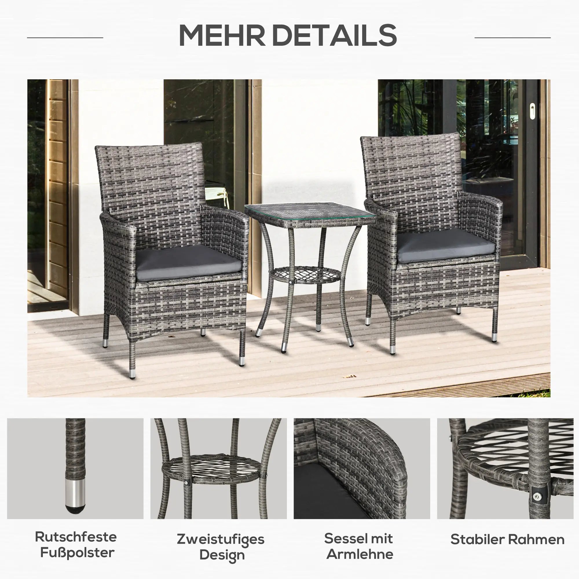 Outsunny Balkonmöbel Set 3-teilig mit Sitzkissen & Glasplatte
