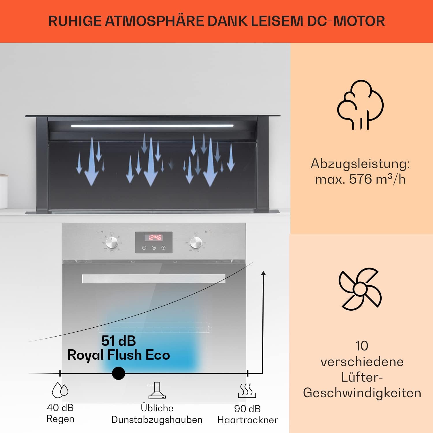 Klarstein Downdraft-Dunstabzugshaube, Versenkbare Abzugshaube, Leise Dunstabzugshauben mit Filter, Dunstabzugshaube 60cm, Umluft/Abluft Dunsthaube mit 10 Stufen, Dunstabzug 576 m³/h Luftstrom