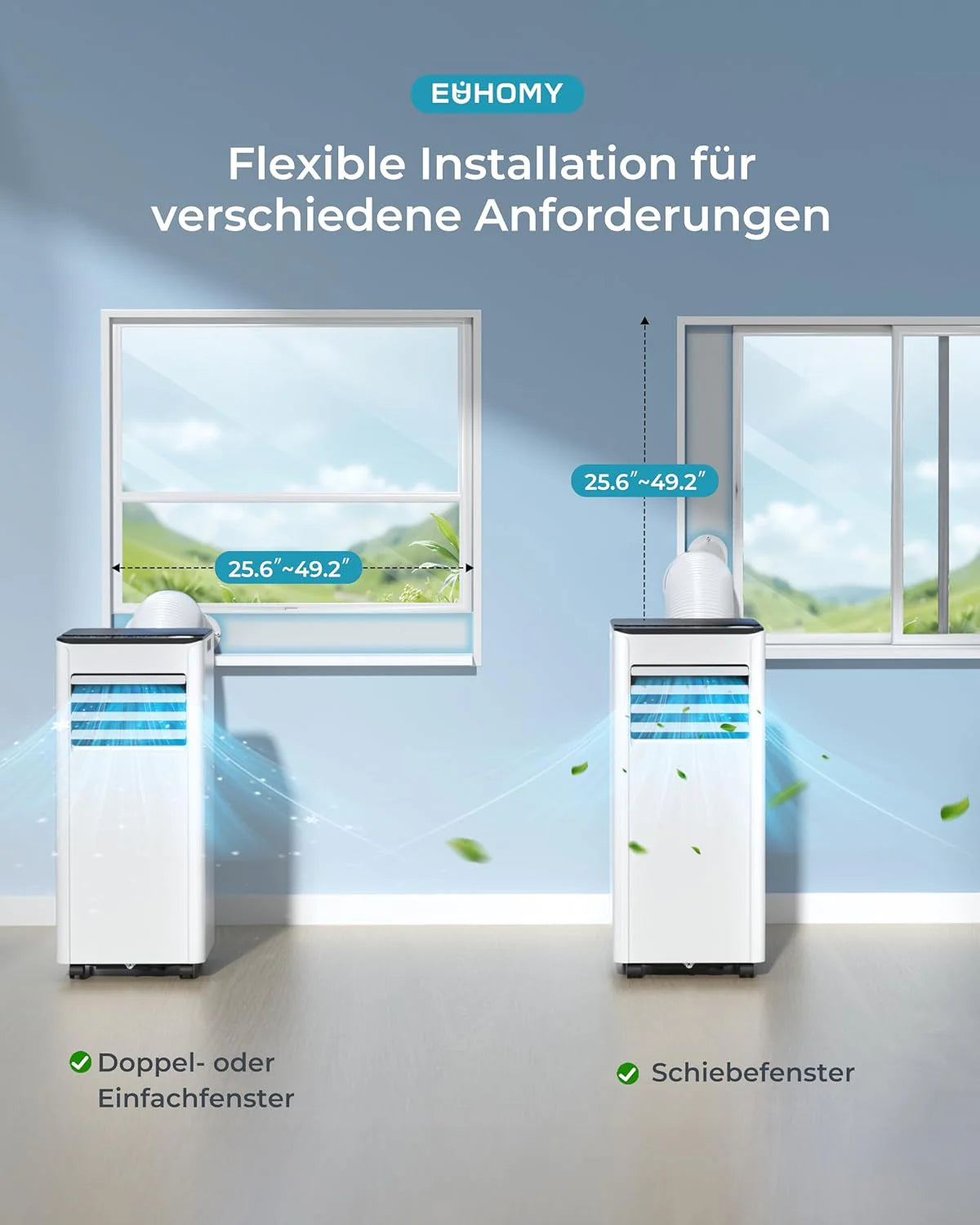 Mobile Klimaanlage 9000 BTU mit Abluftschlauch | 4-in-1 Mobiles Klimagerät | Leiser Betrieb